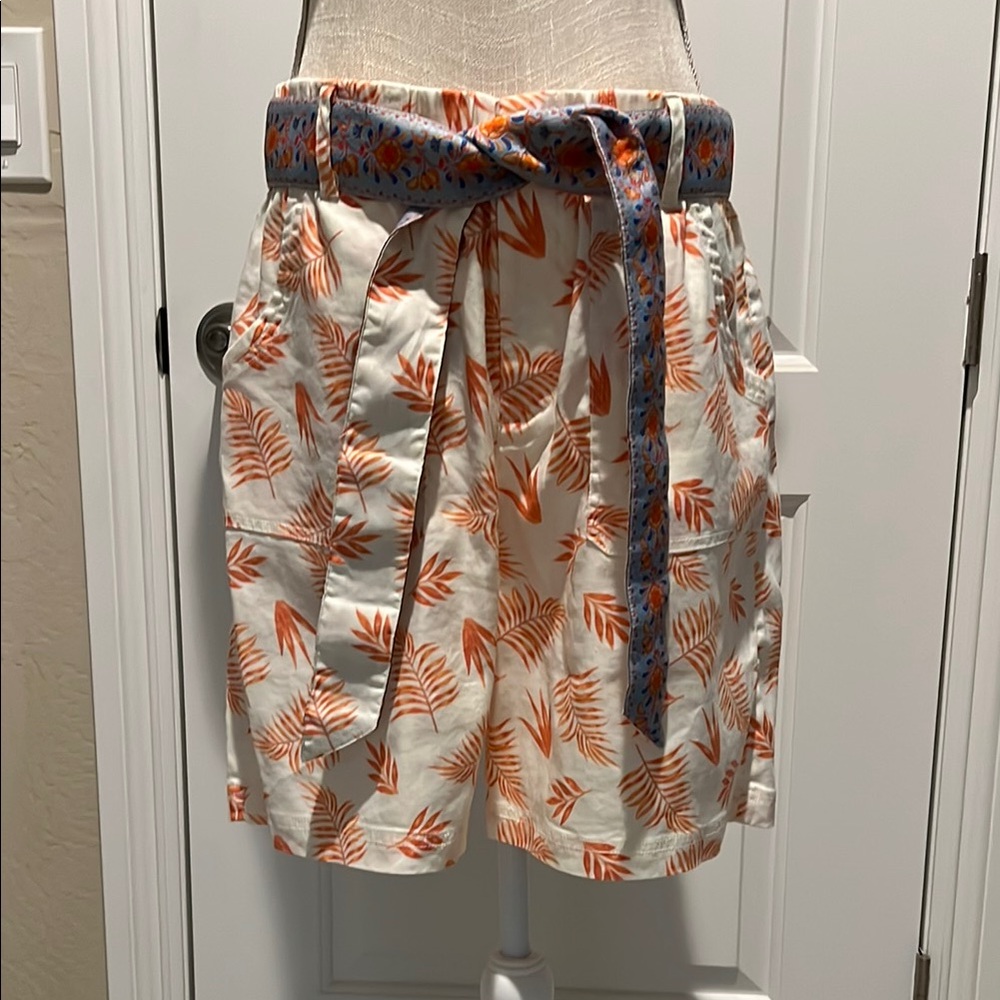 Women's Orange Leaf Print Shorts with belt